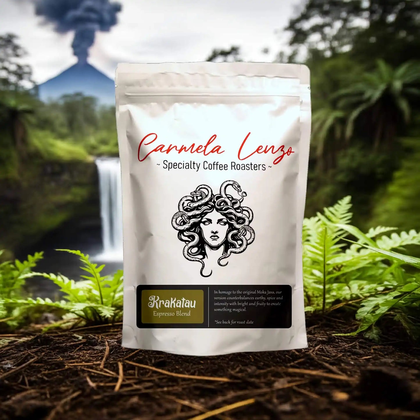 Carmela Lenzo coffee roasters package with a scenic background of a volcano and waterfall.