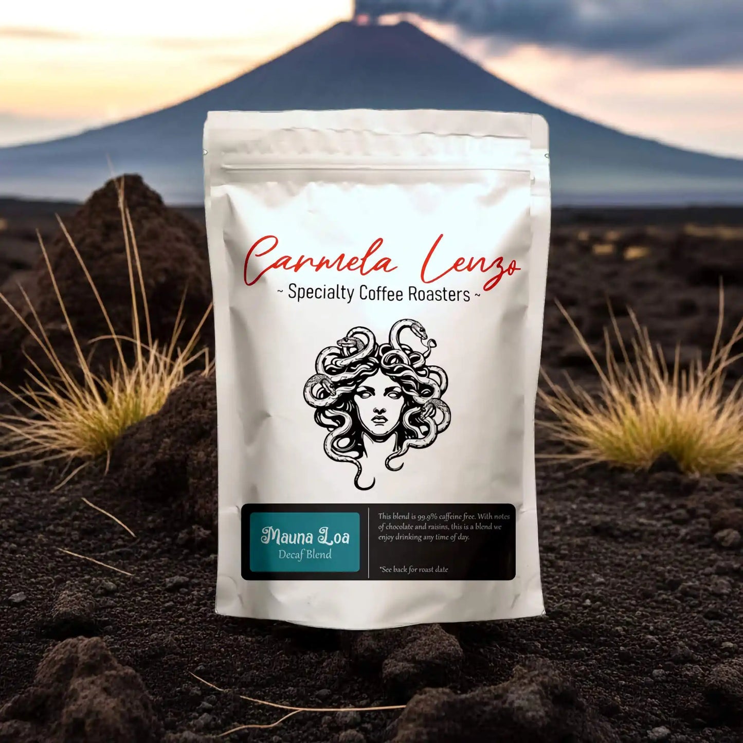 Carmela Lenzo specialty coffee roasters package on a volcanic landscape