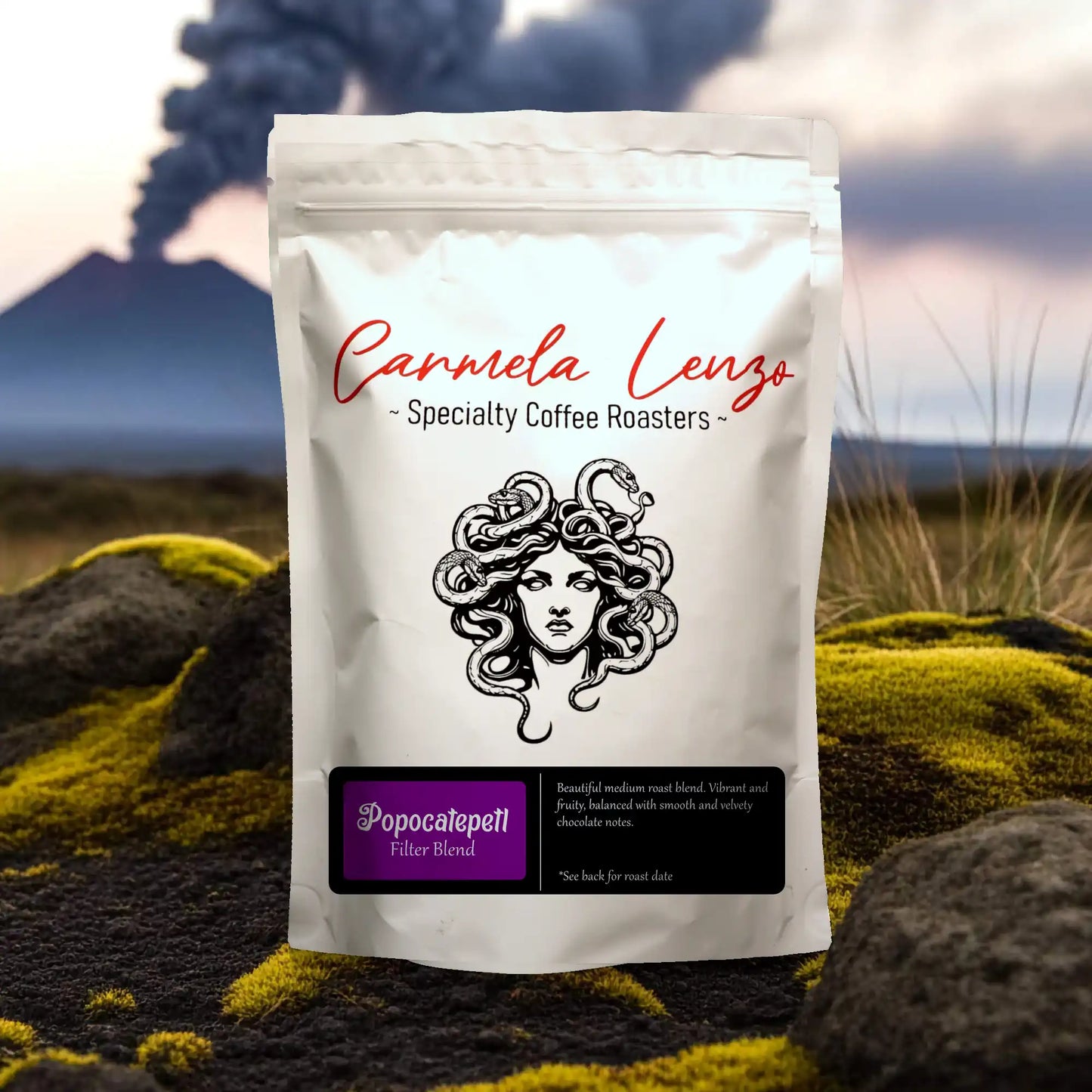 Carmela Lenzo Specialty Coffee Roasters package with a volcanic background