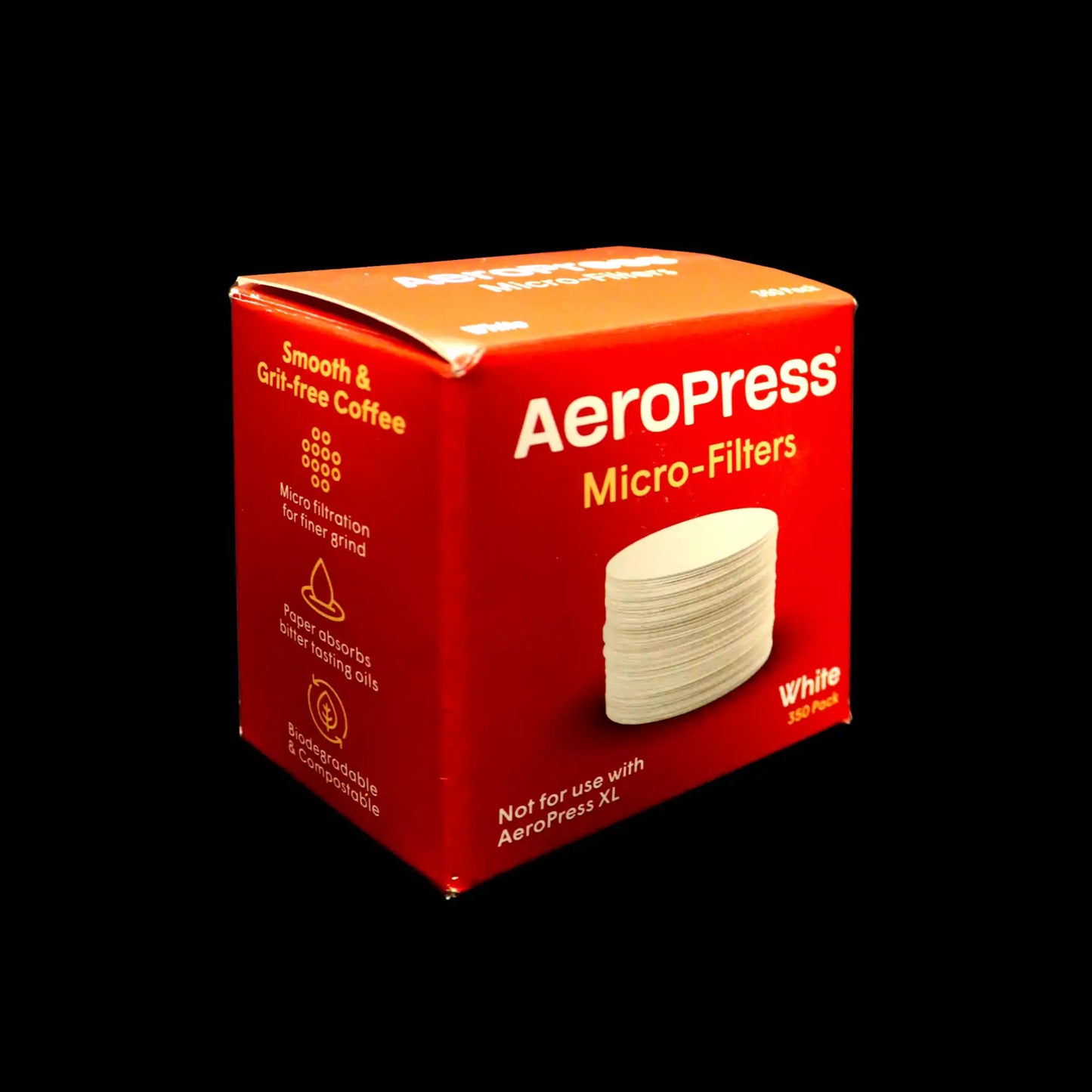 Red box of Aeropress micro-filters on a white background