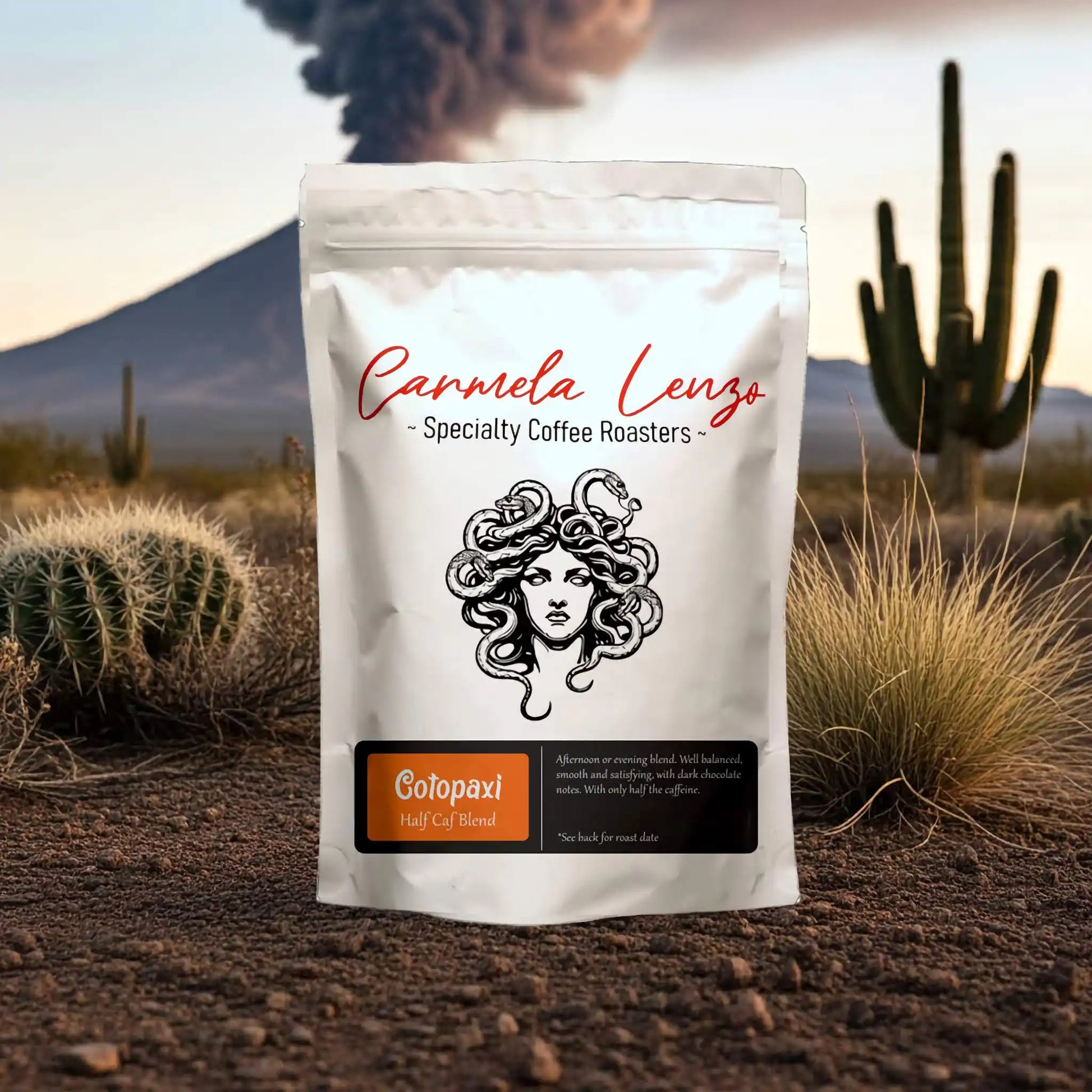 Carmela Lenzo coffee bag with desert landscape in the background