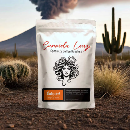 Carmela Lenzo coffee bag with desert landscape in the background
