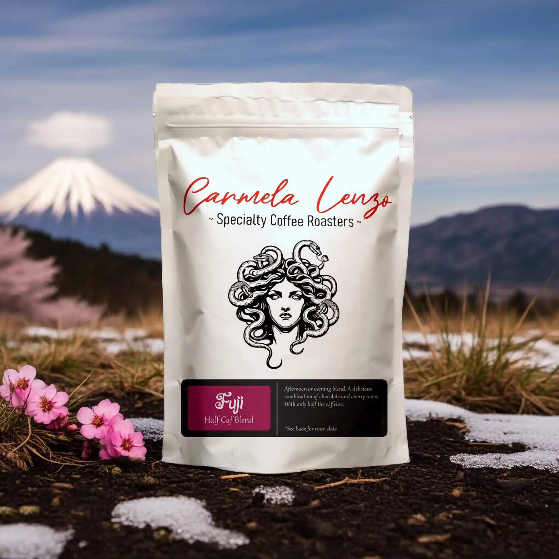 Carmela Lenzo Specialty Coffee Roasters package with Mount Fuji in the background