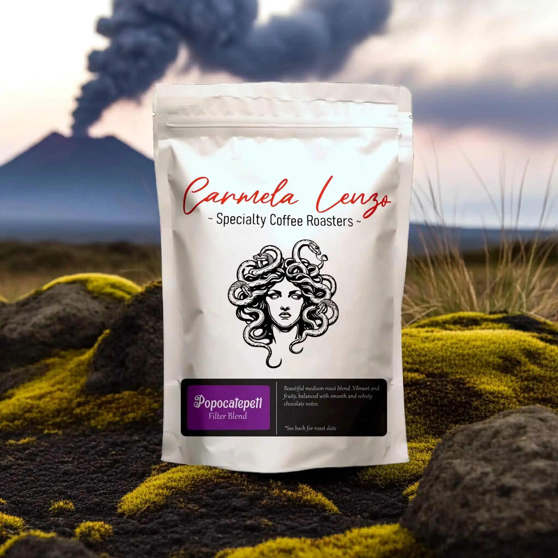 Carmela Lenzo Specialty Coffee Roasters package with a volcanic background