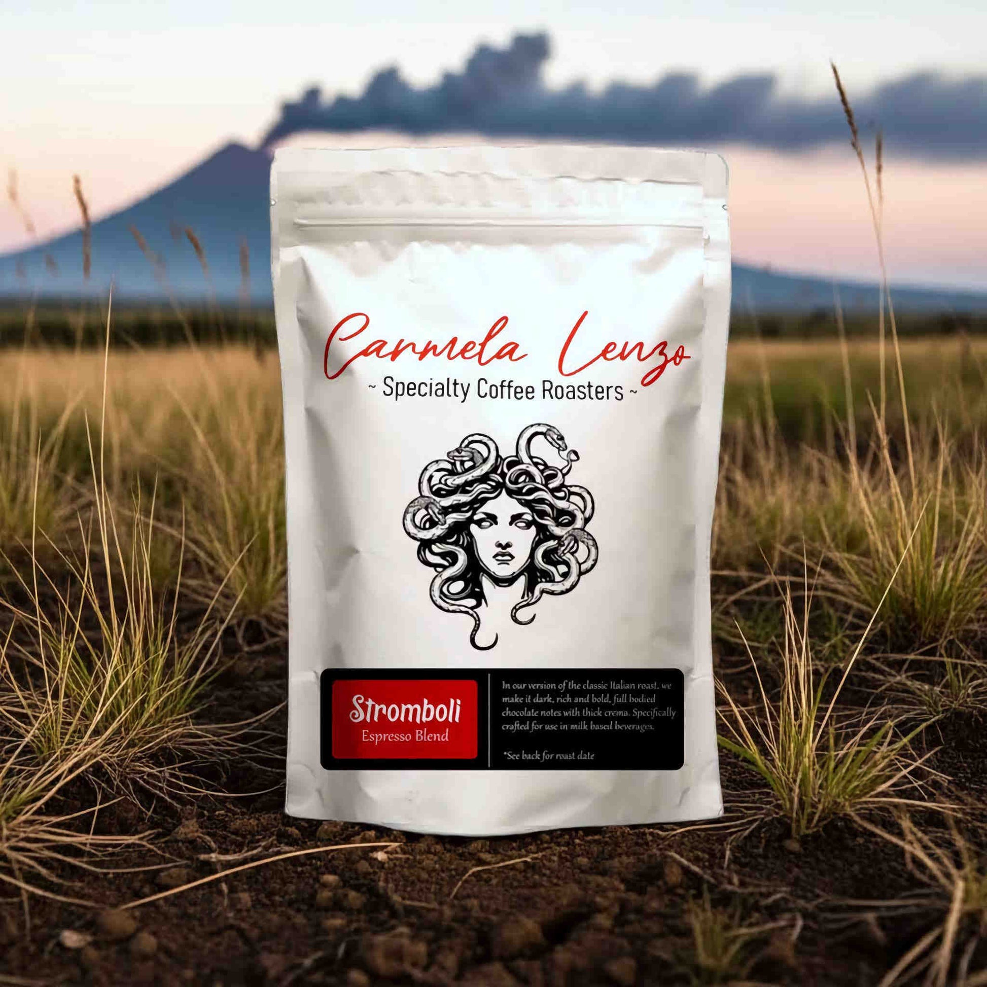 Carmela Lenzo coffee bag with a mountain and field background