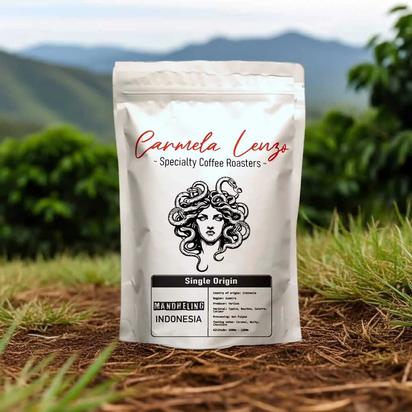 Carmela Lenzo coffee bag with mountain and greenery background