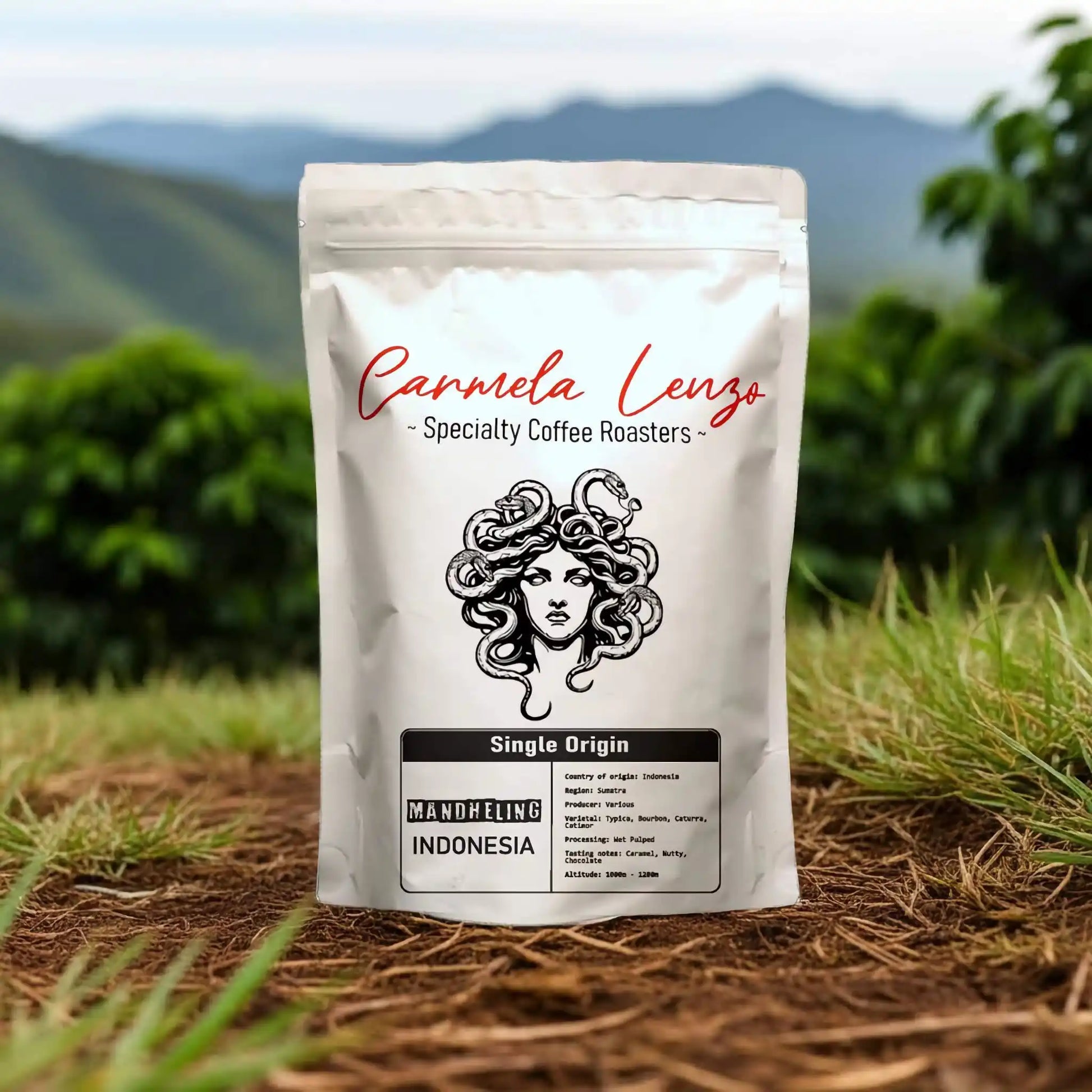 Carmela Lenzo coffee bag with mountain and greenery background