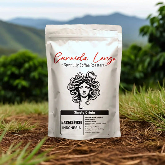 Carmela Lenzo coffee bag with mountain and greenery background
