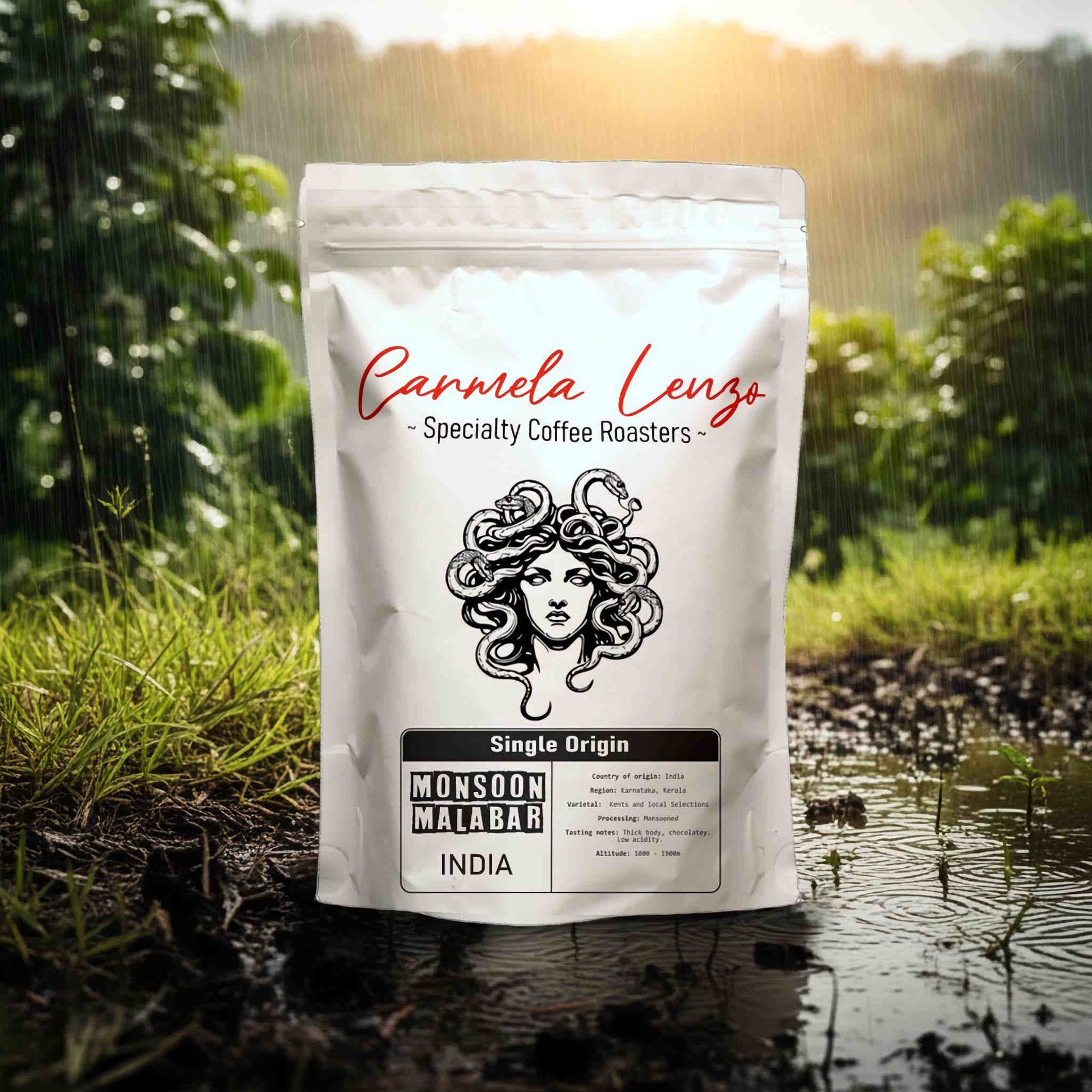Carmela Lenzo coffee bag with a scenic background