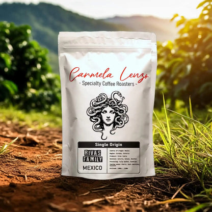 Carmela Lenzo coffee bag with a scenic background